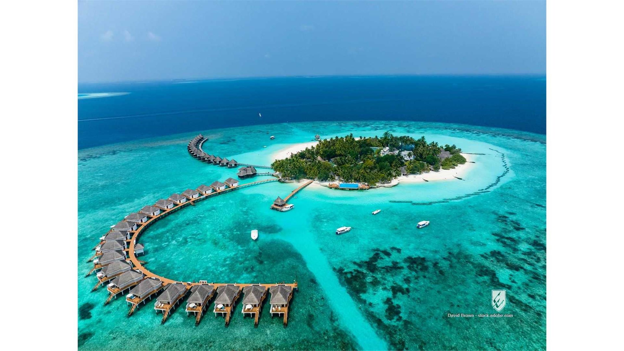 Aerial view Hotel Indian Ocean Island Maldives Paradise Island with Water Bungalows Thulhagiri Island Resort