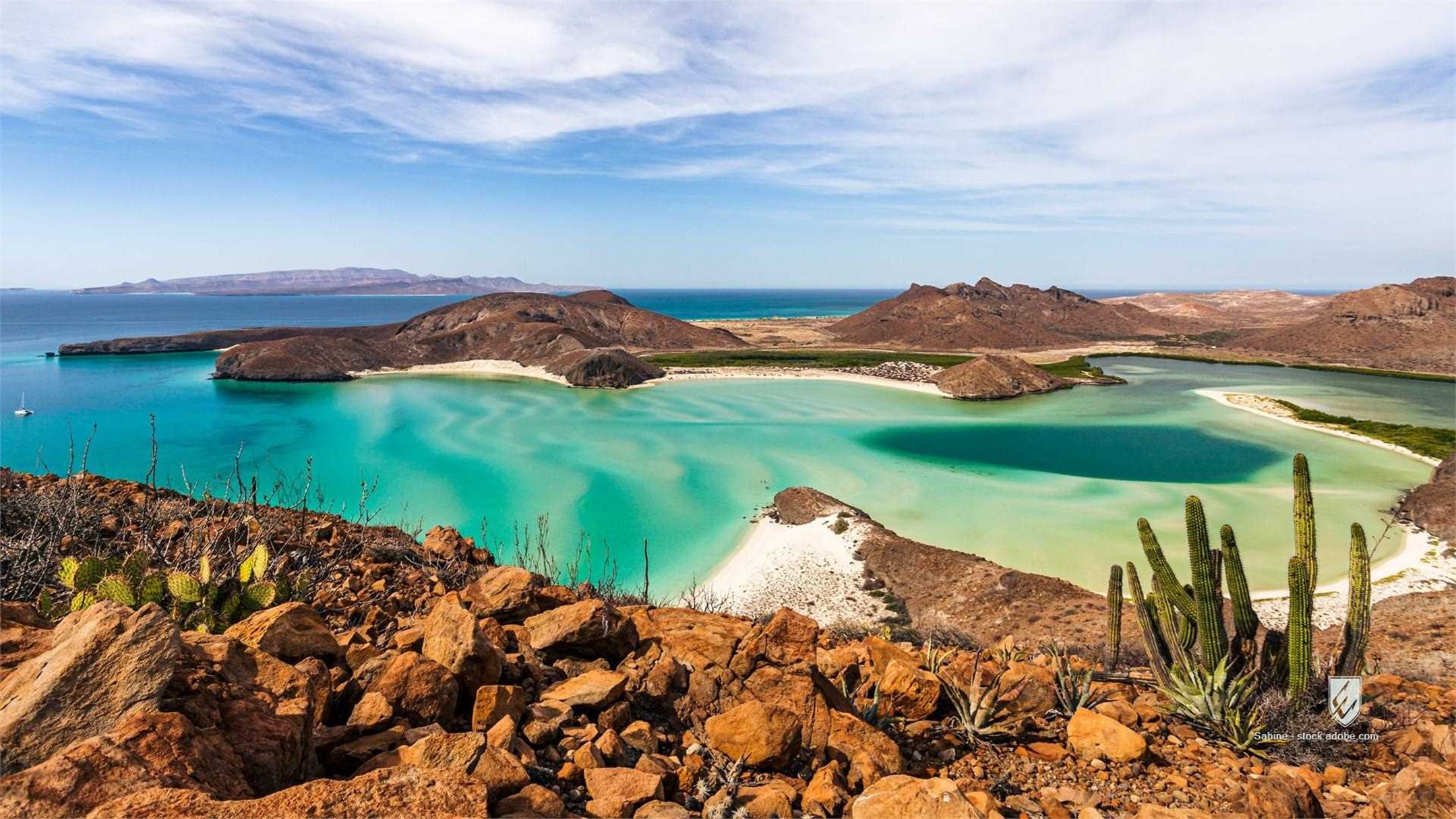 adventure americas bahia balandra baja california bathing bay beach beautiful blue sky cacti cactus desert exterior