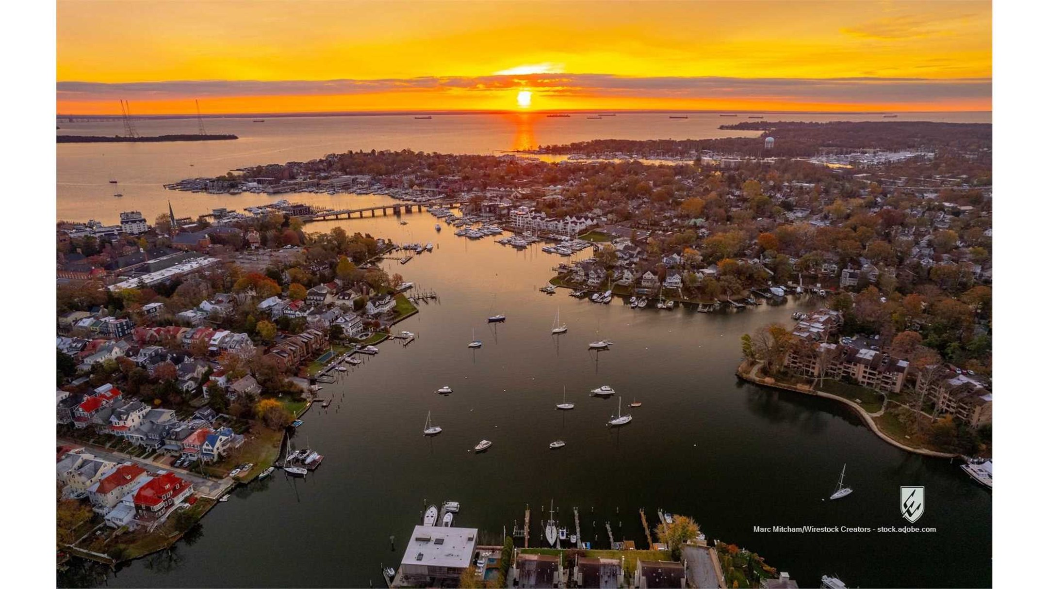 aerial drone annapolis harbor chesapeake bay bridge sunset architecture river water usa buildings united states us ameri