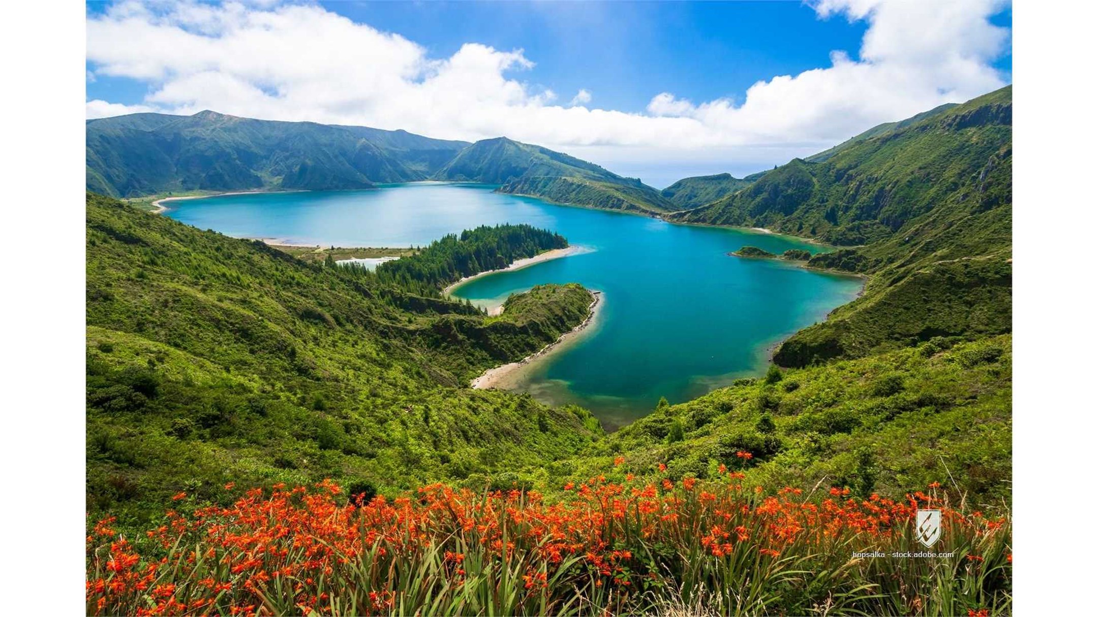 azores background beach beautiful blooming blue caldera clouds copy space crater deep environment flowers foliage forest