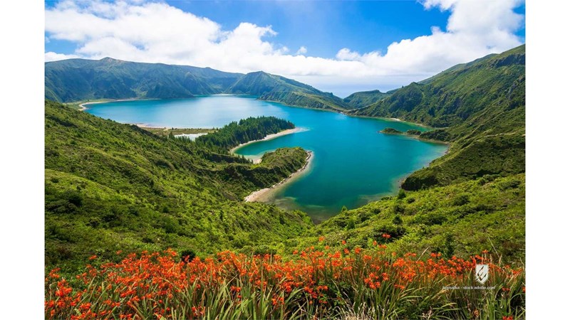 azores background beach beautiful blooming blue caldera clouds copy space crater deep environment flowers foliage forest