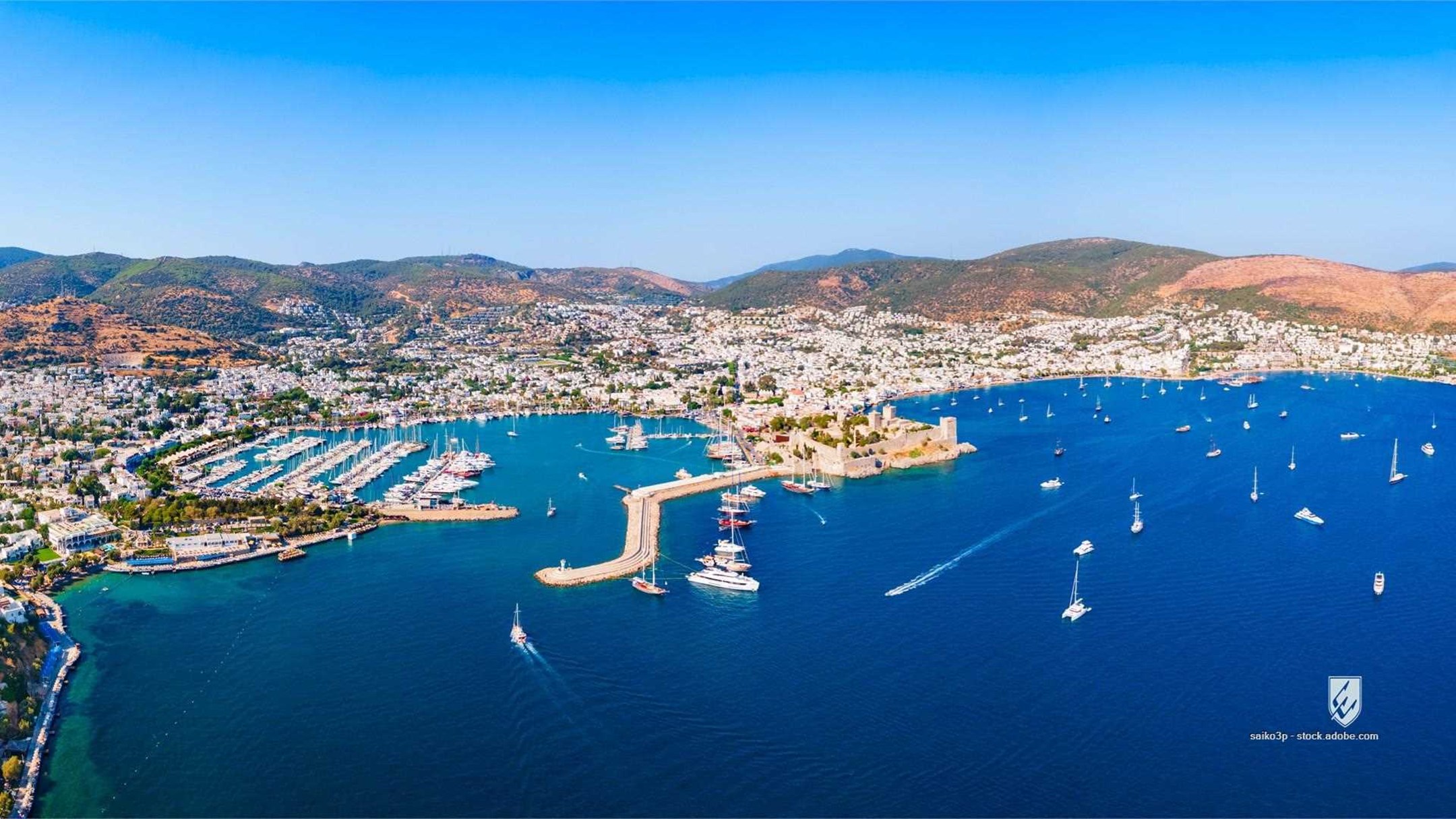 beach aerial bodrum castle city panoramic marina port island landscape town marmaris turkey panorama above drone antalya