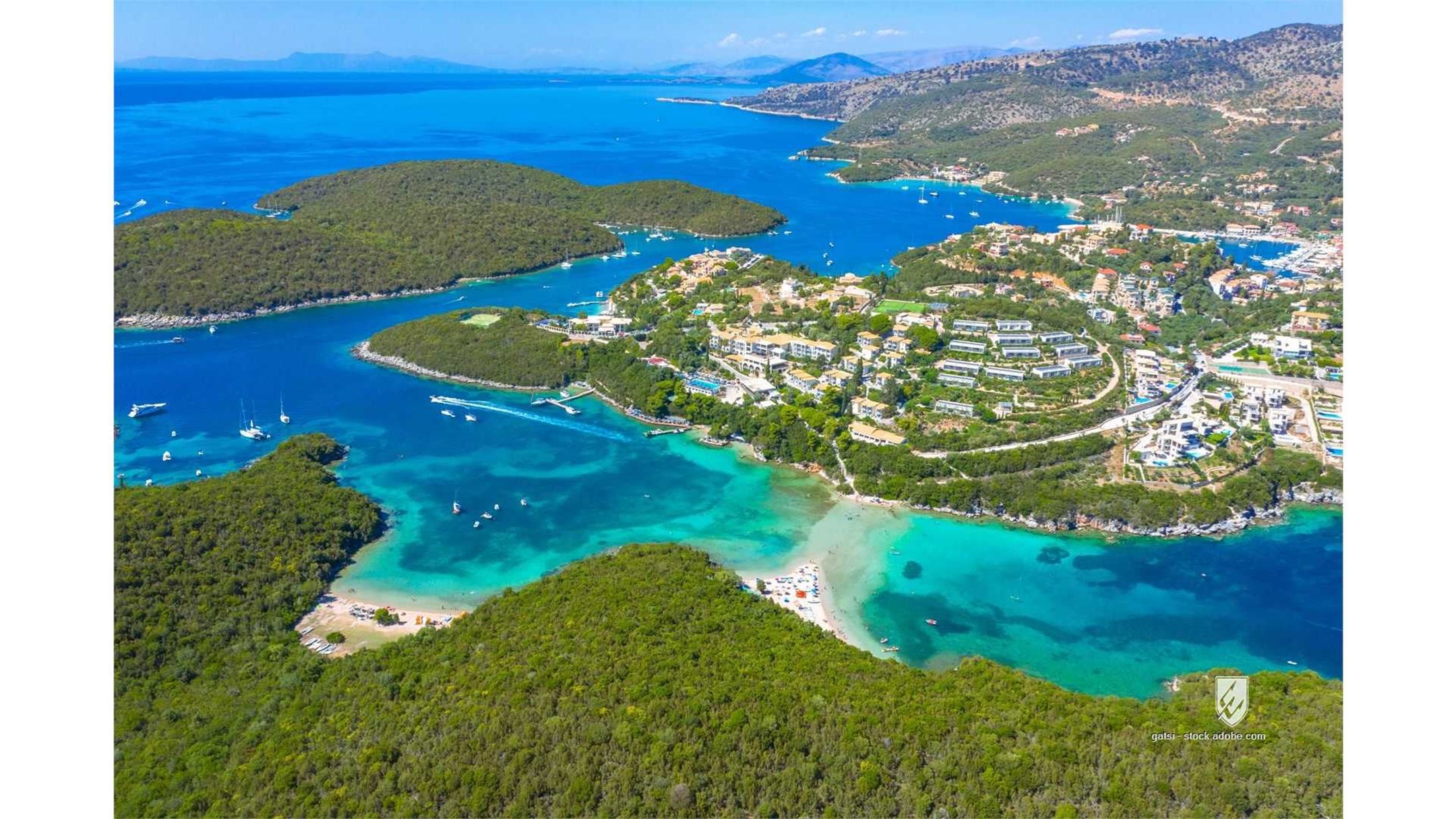 greece destination landscape cruise panorama blue lagoon resort sky scenic sunny holiday background beaches above drone