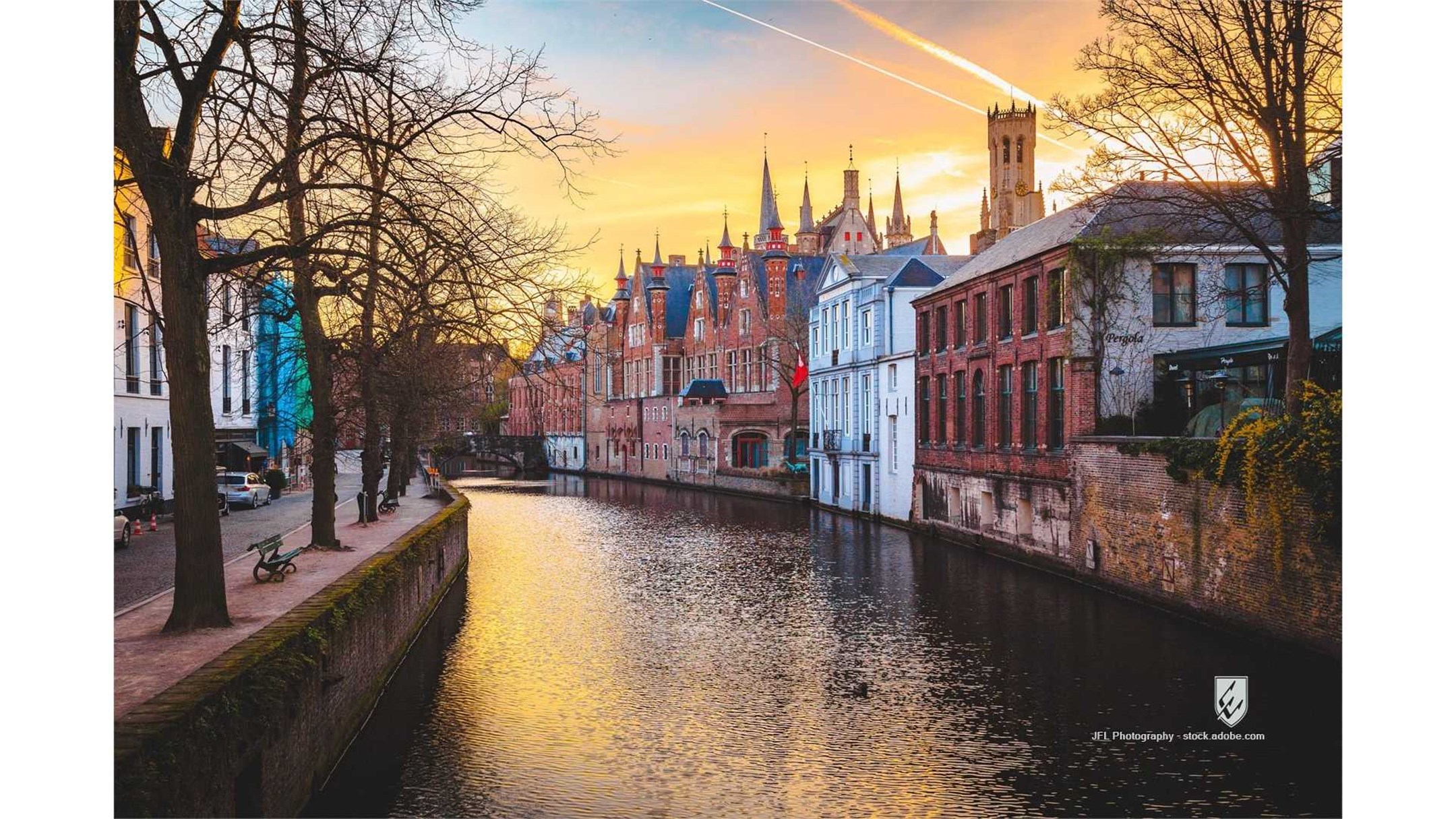 architecture belfry belgian belgium benelux blue bridge bruegge bruges brugge brügge canal channel church city cityscape