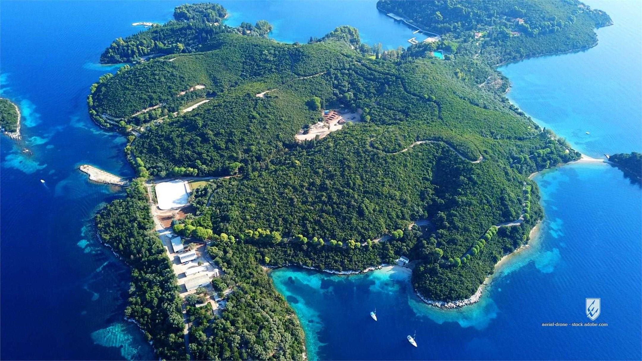 skorpios above aerial attraction background bay beach boats breathtaking coastline destinations drone europe greece