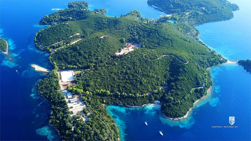skorpios above aerial attraction background bay beach boats breathtaking coastline destinations drone europe greece