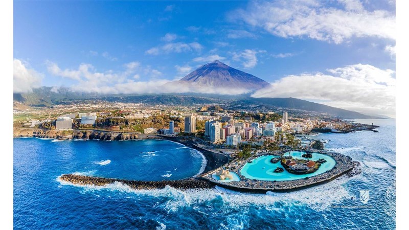 above aerial aerial view architecture atlantic beach blue building canarias canary canary islands city cityscape coast