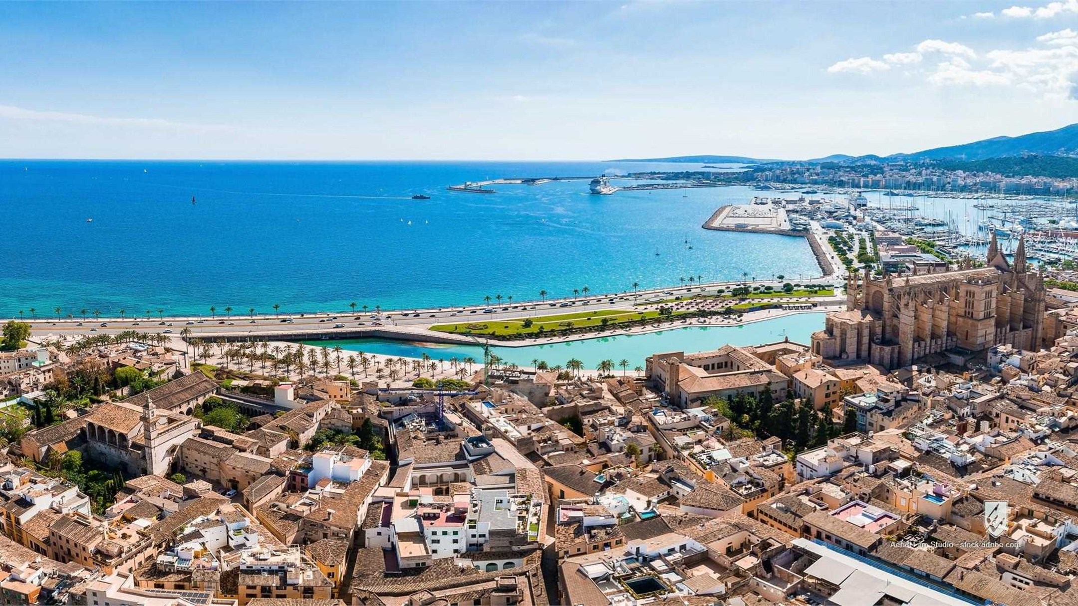 architecture balearic blue building capital castle cathedral center church city cityscape culture de destination europe