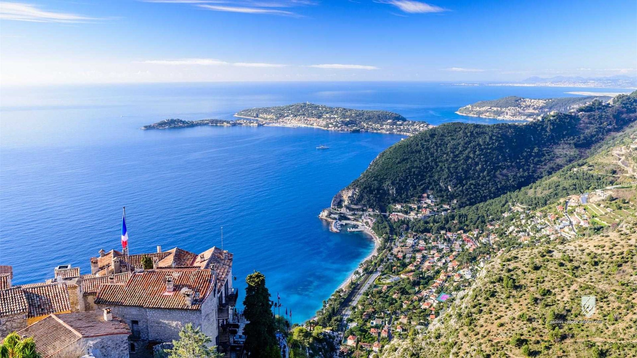 france eze monument cote d'azur aerial statue town city architecture park woman sculpture beach riviera sea water medite