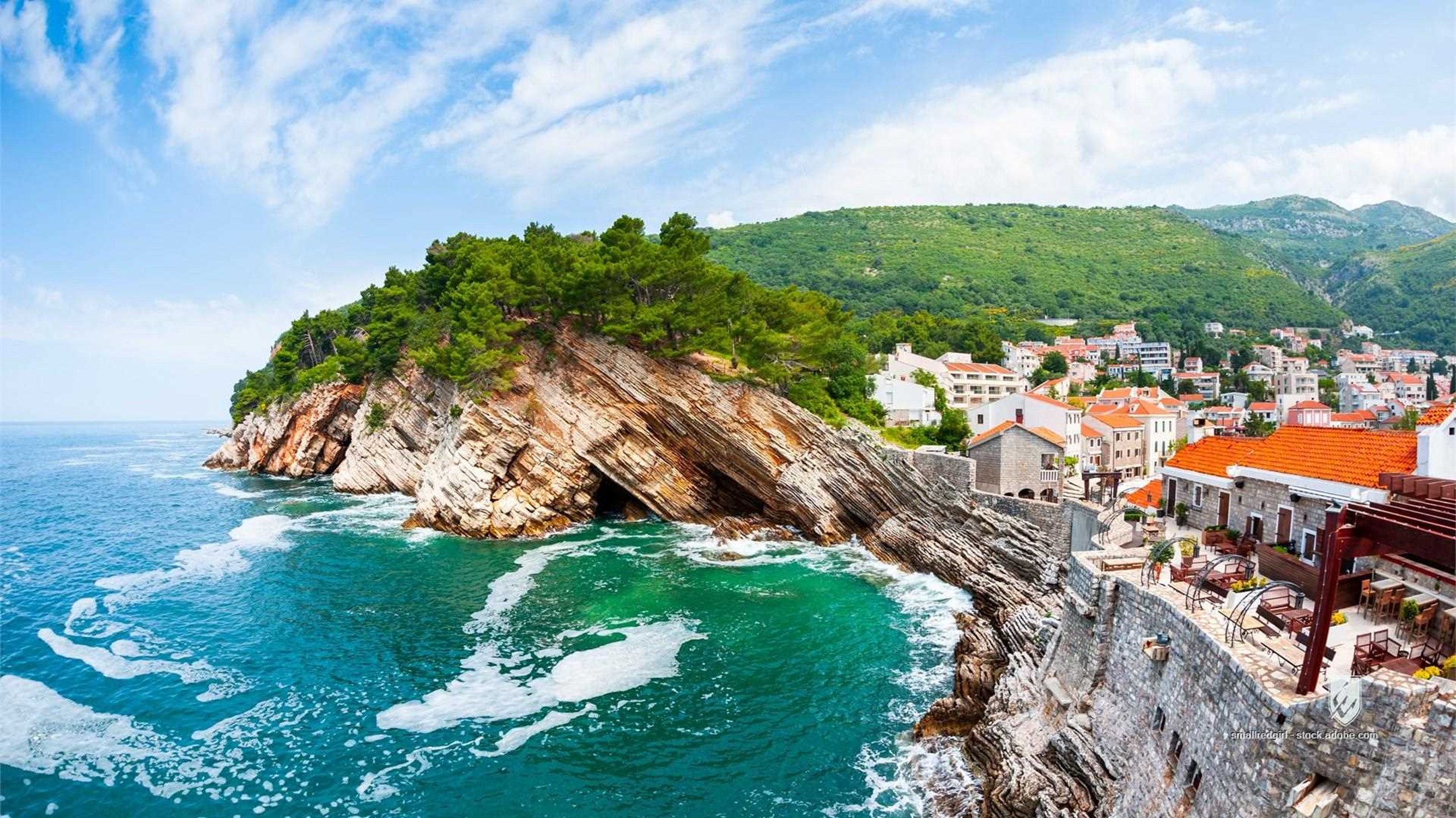 montenegro sea petrovac travel castello fortress cliff beach resort nature summer landmark adriatic tourism trip vacatio