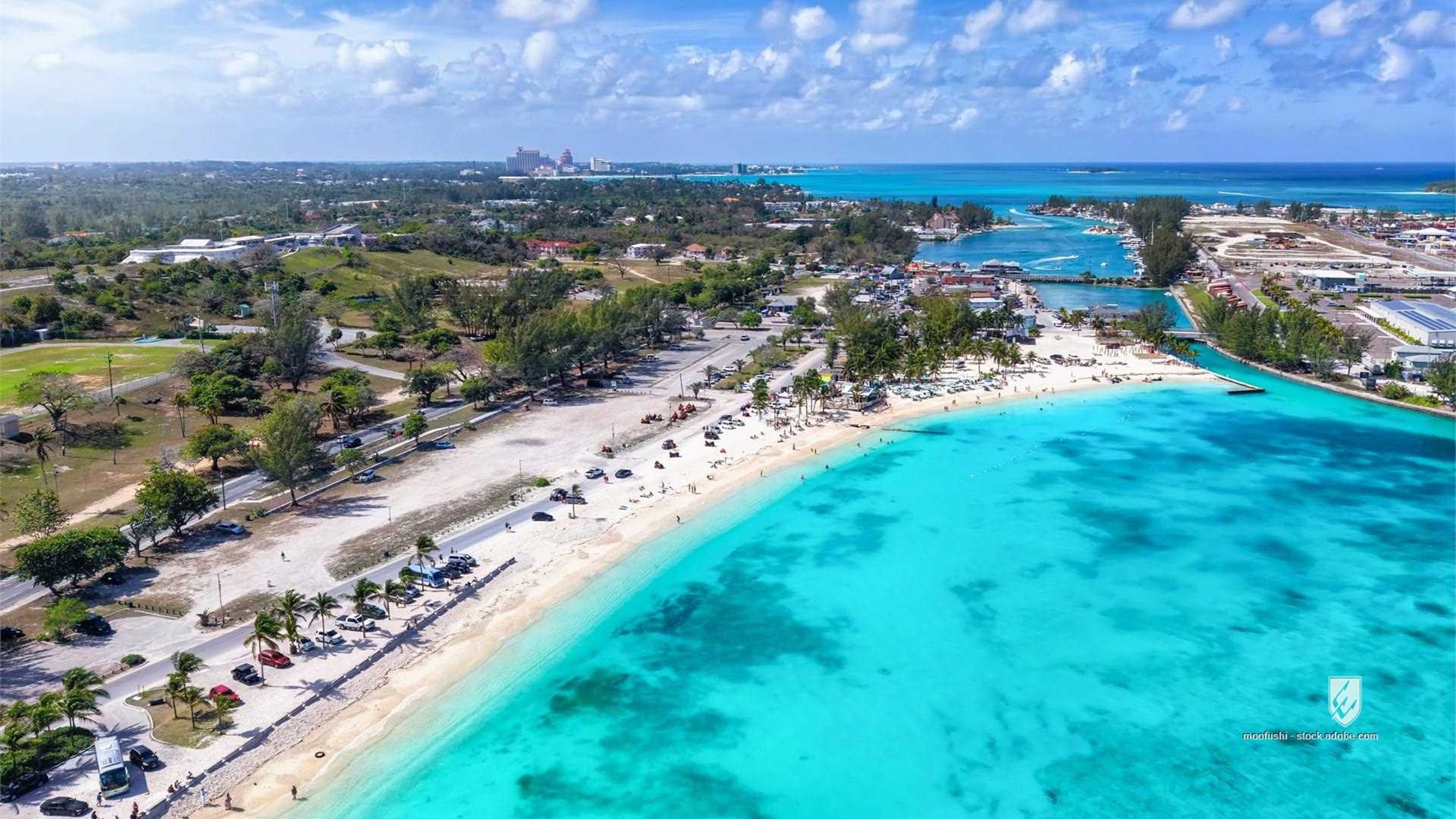 nassau bahamas beach town aerial tropics travel popular attraction bay beautiful blue fish fry caribbean coast coastline