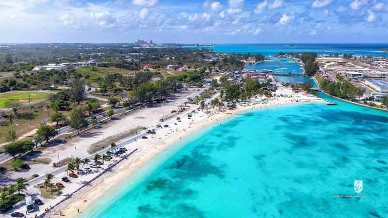 nassau bahamas beach town aerial tropics travel popular attraction bay beautiful blue fish fry caribbean coast coastline