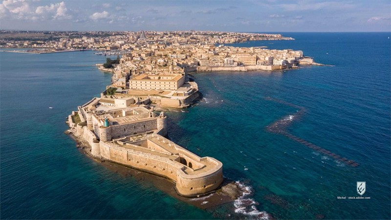 Maniace fortress Ortigia aerial aerial view architecture beach blue boat building castello castle city cliff coast