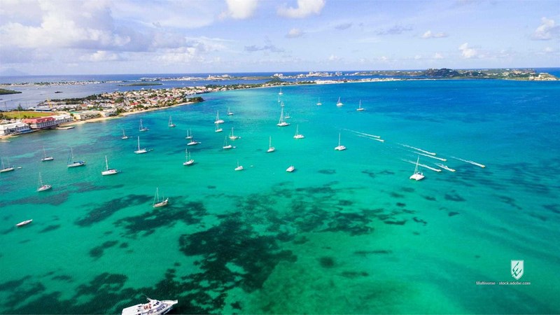 bay sunset antilles sint vacation mountains water pond great salt pond scene aerial view buildings salt pond ship dutch 