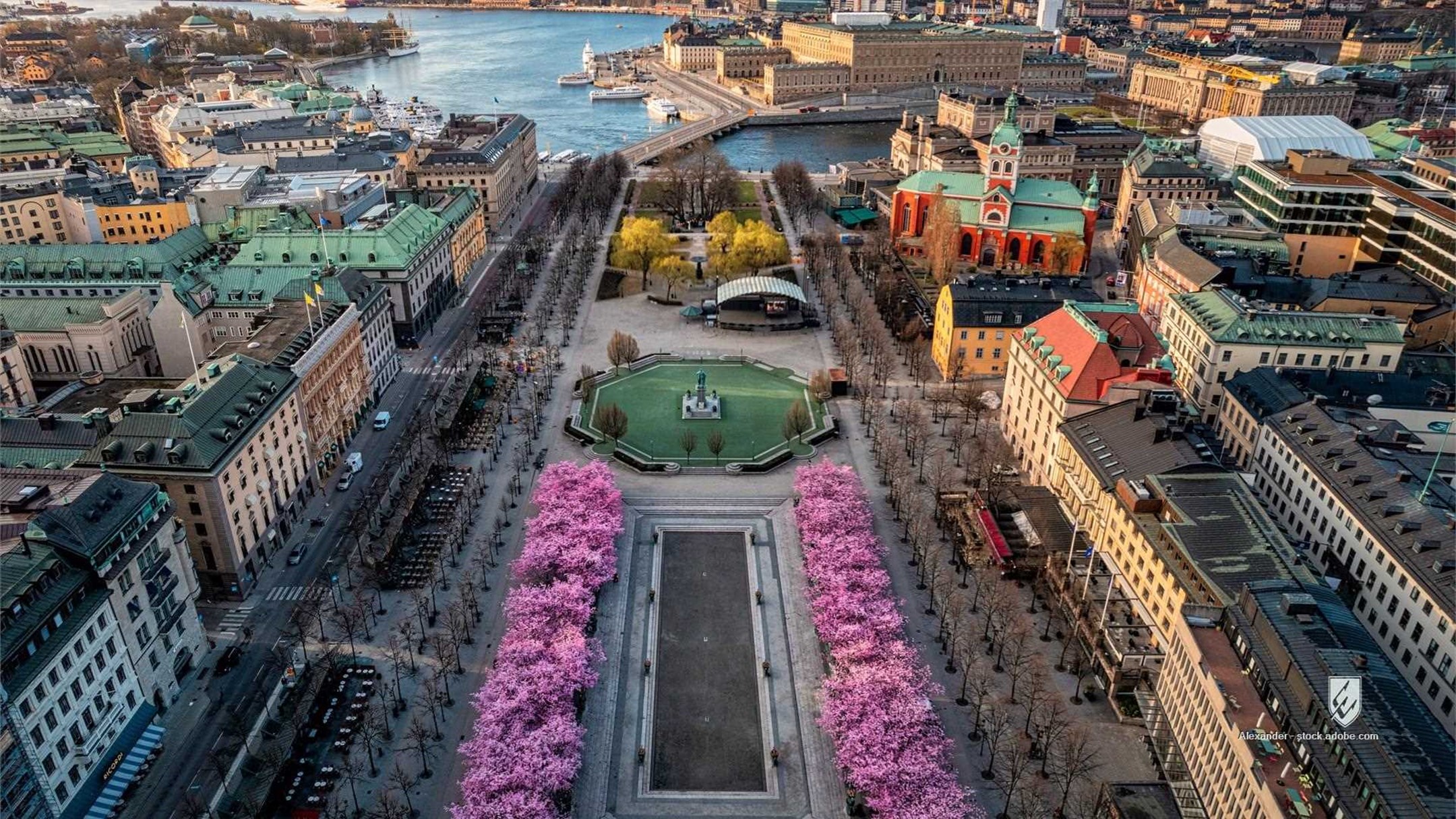 city stockholm architecture cherryblossoms aerial spring urban building view sweden skyline road cityscape highway