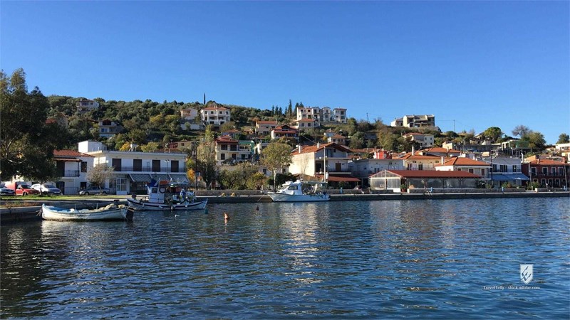 Boats fishing mountain landscape morning bay Achillio Greece Europe sea ocean village tourism house bluesky boats fishin