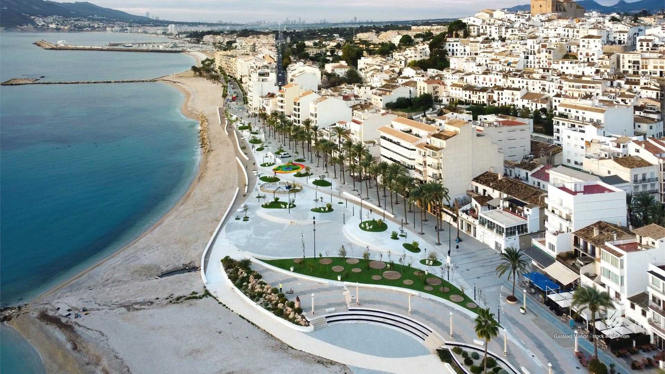 altea beach town park construction new garden village aerial view drone pebble inaguration architecture church dome