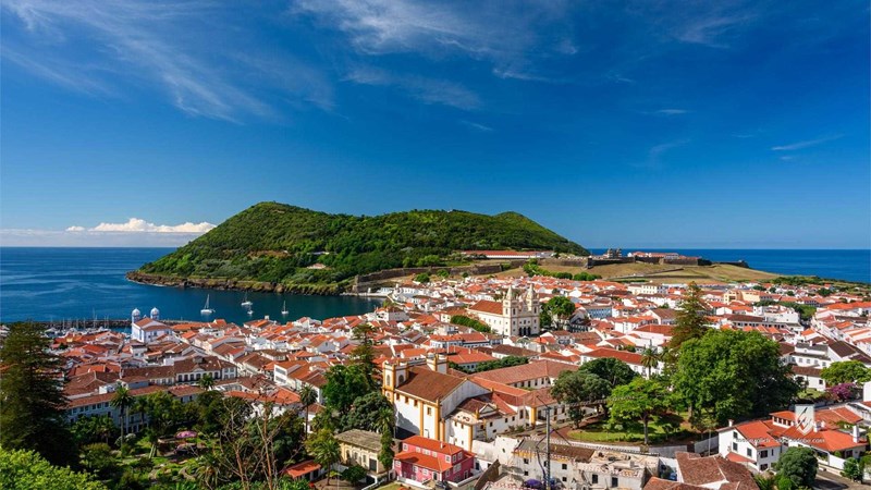 aereal aerial ancient angra do heroismo architecture azores blue building church city cityscape europe exterior facade