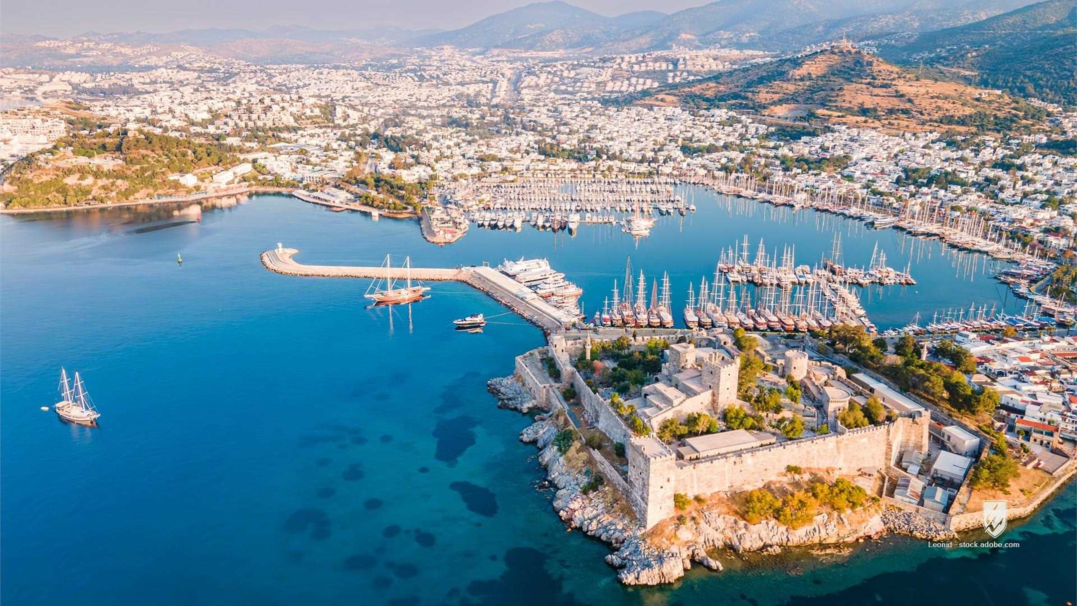 bodrum city coast sea bodrum castle riviera mediterranean turkey turkish landscape aerial view aegean aerial coastline