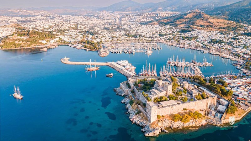 bodrum city coast sea bodrum castle riviera mediterranean turkey turkish landscape aerial view aegean aerial coastline