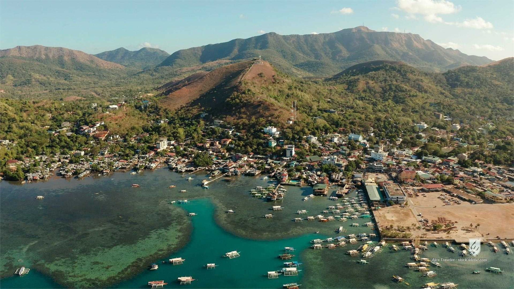 philippines busuanga coron cityscape sea port pier town mountain travel palawan view hill asia island landscape scenic