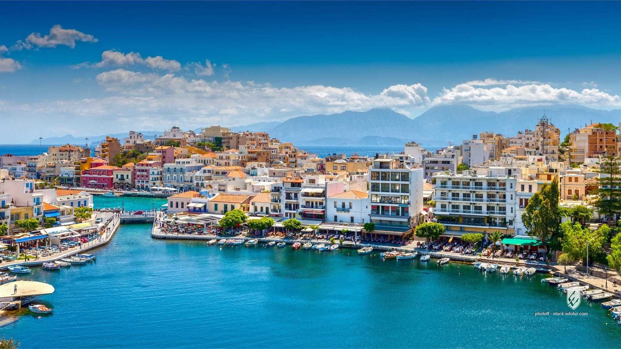 agios nikolaos crete greece lake voulismeni lasithi town mediterranean harbor sea bay summer water travel view city blue