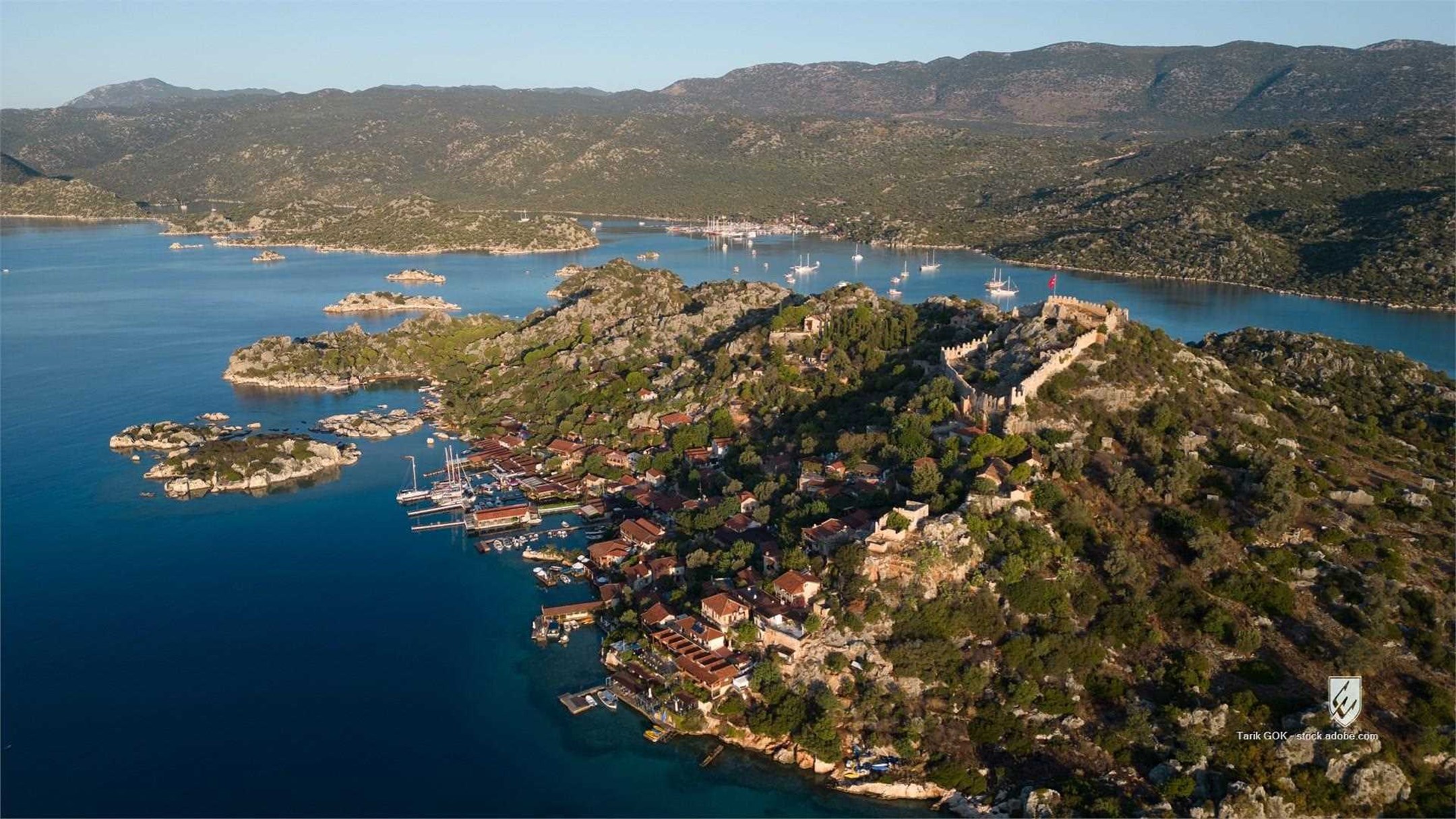 adventure aerial ancient antalya archeology architecture blue castle coast coastline demre drone flag greek harbor herit