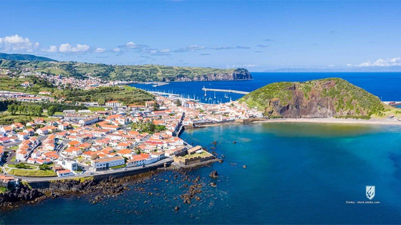 aerial architecture atlantic azores azure baia bay beach blue calm city coast coastline colonial cove faial fort fortres