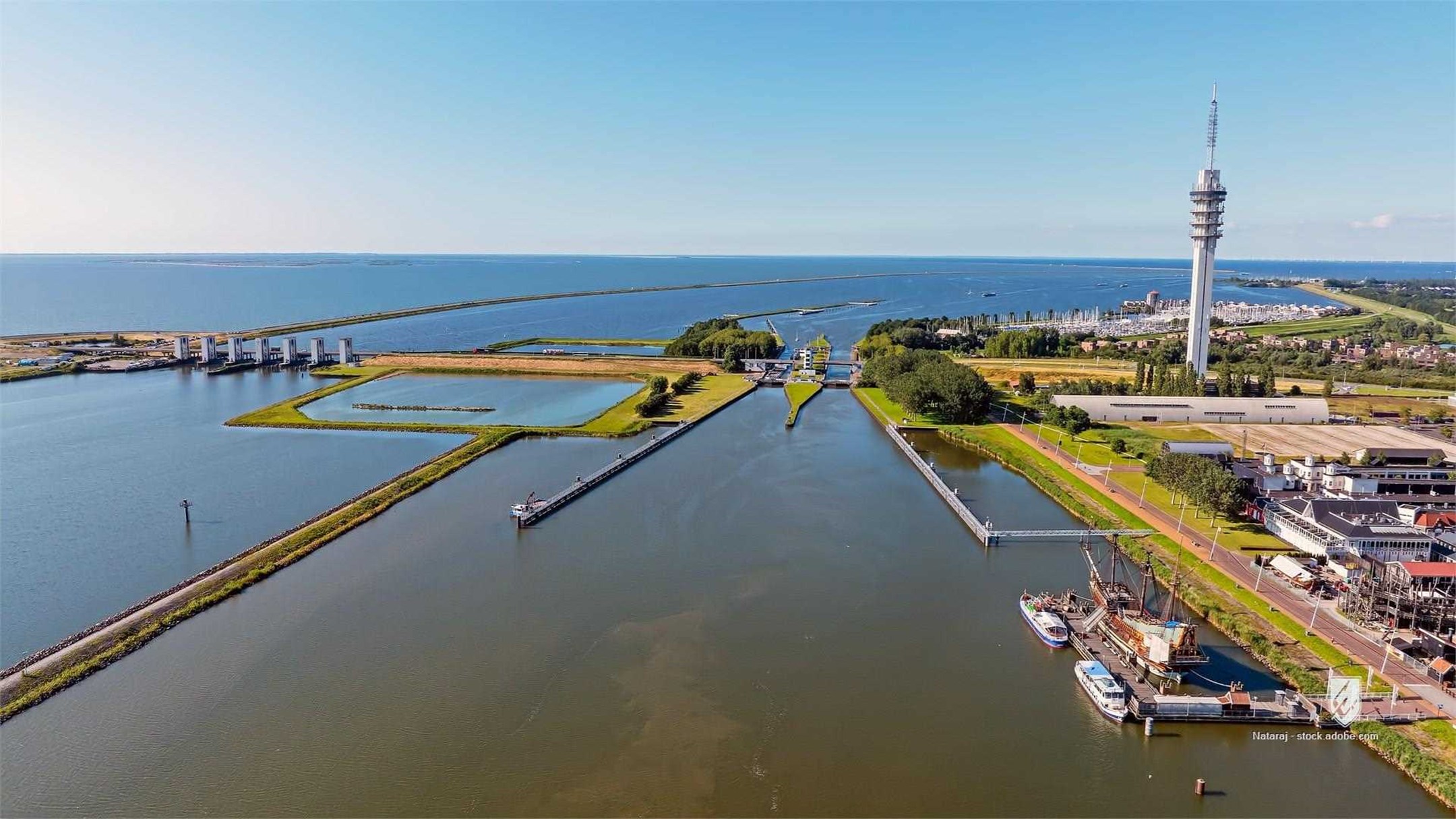 holland lelystad ijsselmeer lake scenery tradition transport transportation drone harbor history yacht dutch boat europa
