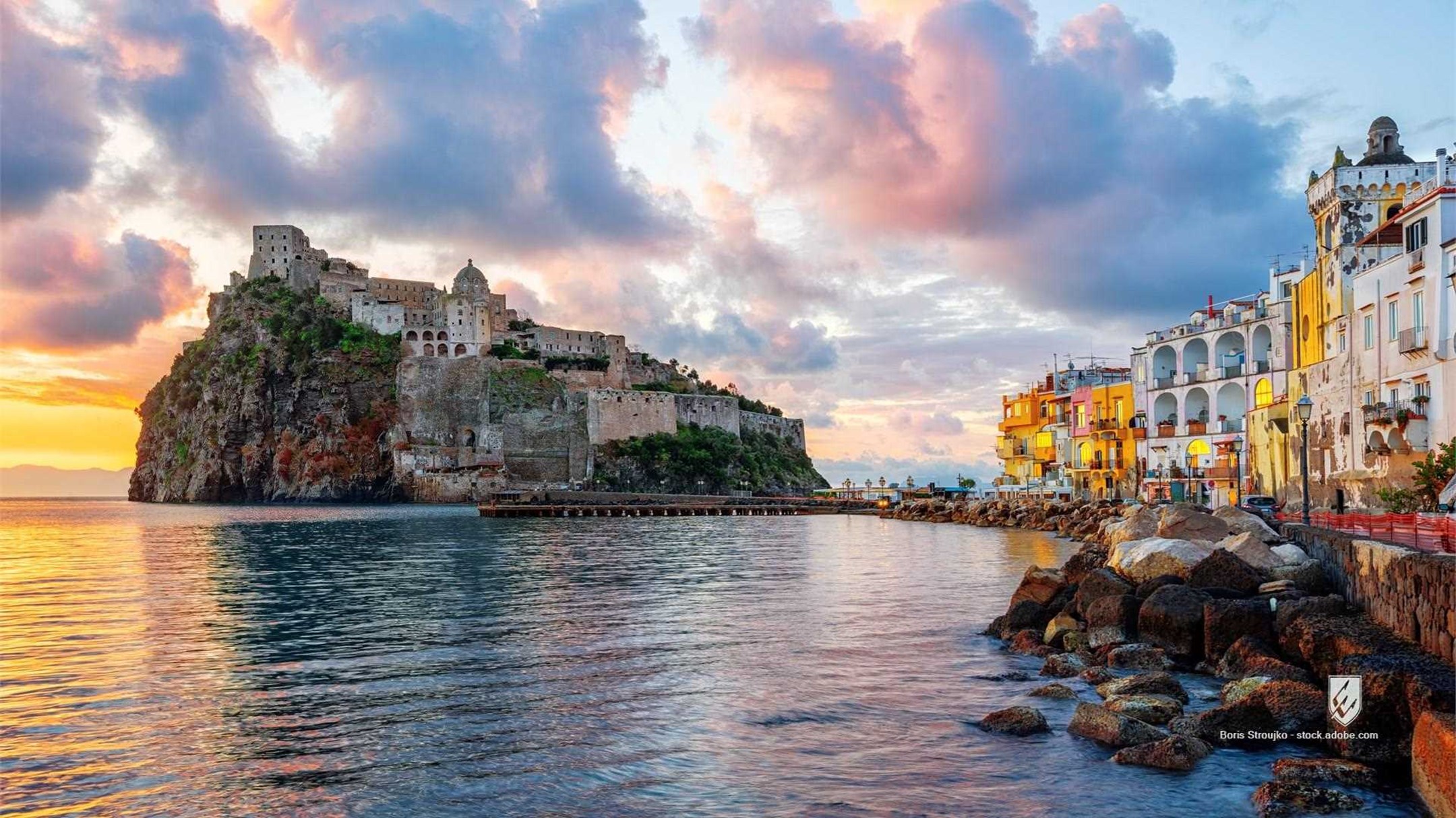 ischia island aragonese castle italy sunrise town naples bay mediterranean sea historical medieval beautiful sunset