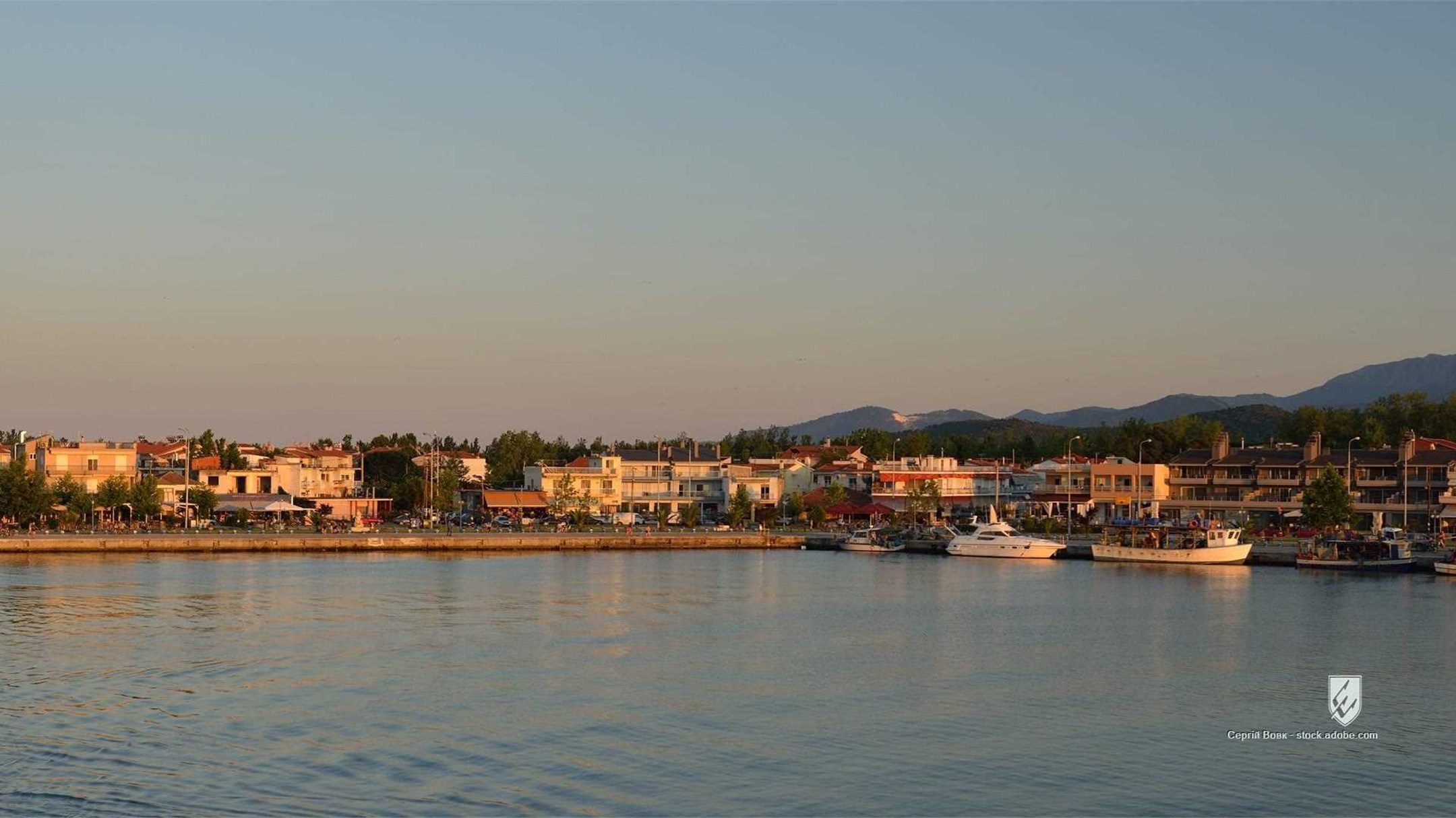 keramoti beautiful greece landscape mediterranean port sea summer tourism travel vacation view water blue boat building
