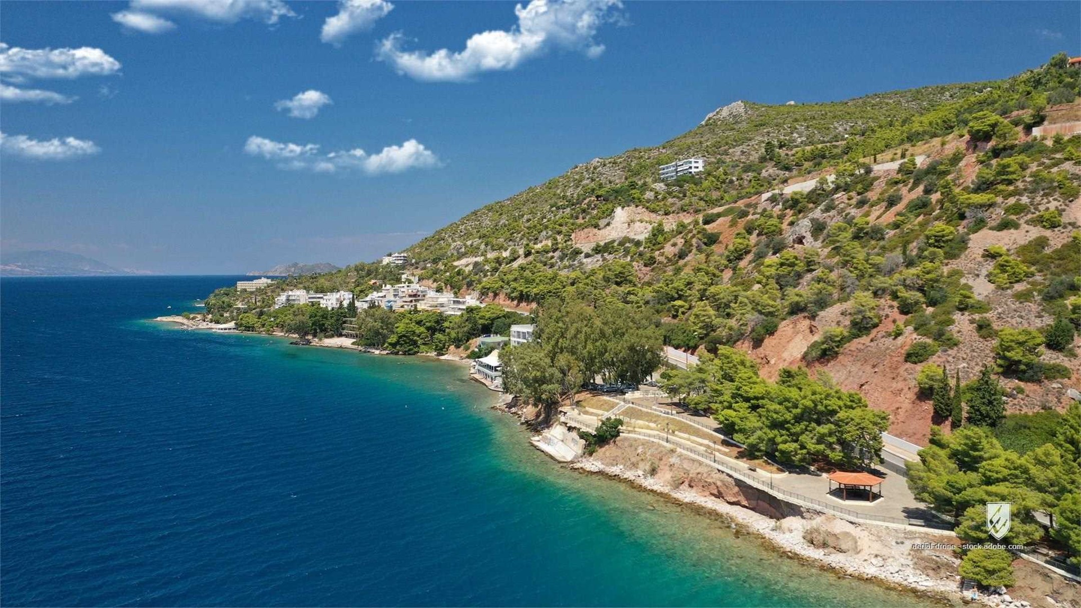 loutraki corinthia aerial beach beautiful blue building city coast corinth drone europe famous greece greek gulf harbor