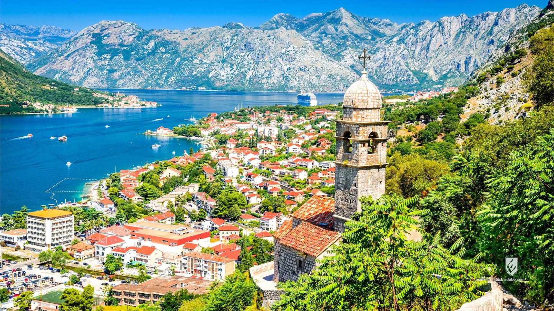 Adriatic Sea Balkans Bay of Kotor Belfry Crna Gora Europe Kotor Montenegro Riviera Yugoslavia aerial architecture