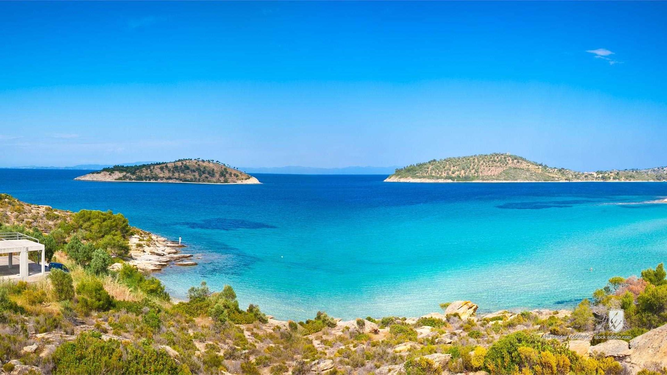 azure Aegean bay beach blue boulder clouds coast copy copy-space environment greece holiday horizon island lagonisi lago