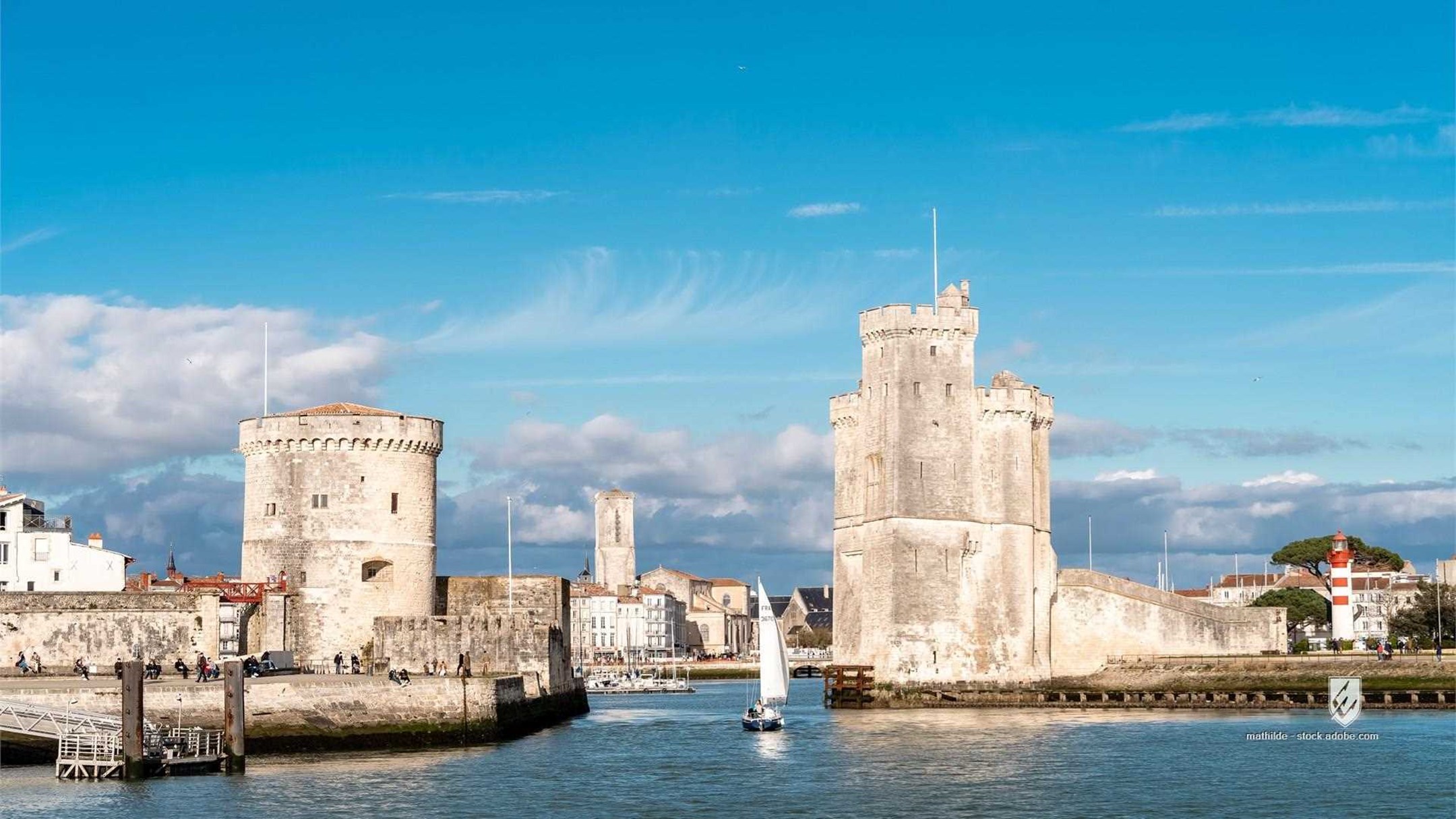 la rochelle harbor boat reflection guarding fortification no people travel ancient french europe water france aged