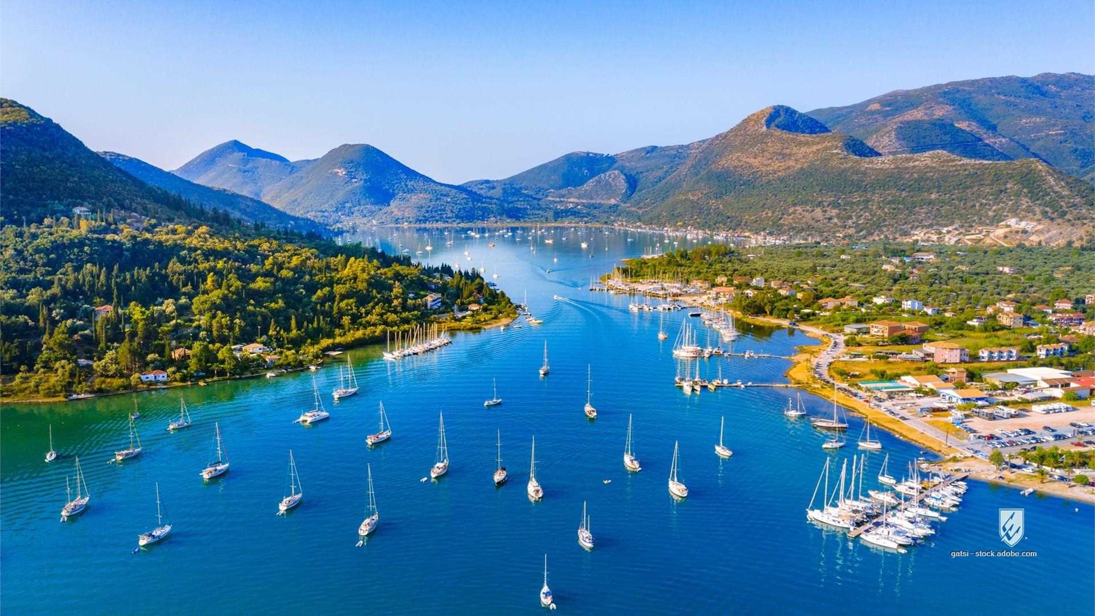 nidri lefkada nydri gulf leukas anchored yachts drone skorpios panoramic panorama lefkas attraction aerial resort sail