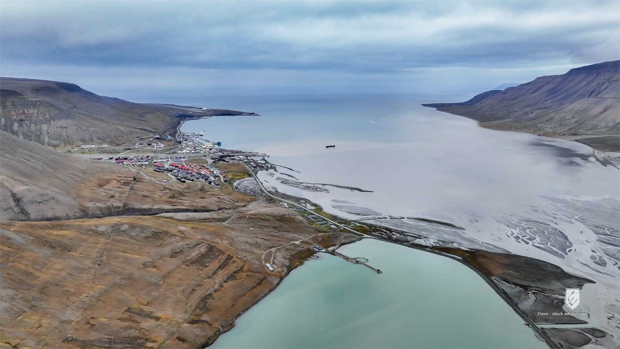 longyearbyen svalbard arctic aerial view landscape seascape rocky terrain buildings water coast nature tourism outdoor