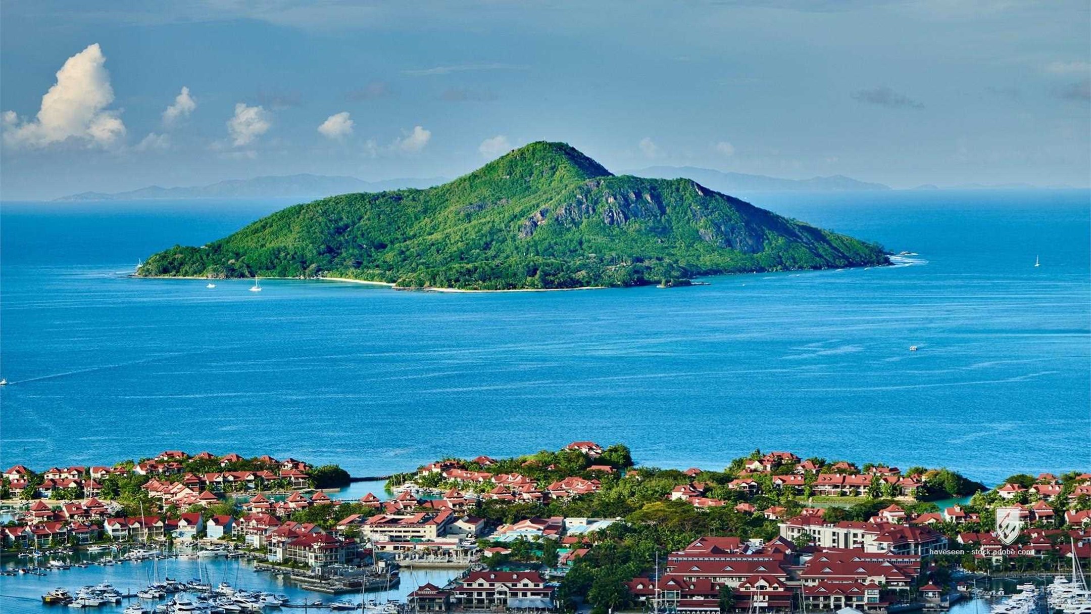 Seychelles island estate tropical summer view vacation coast yacht marina luxury Mahe sea Eden travel Victoria landscape