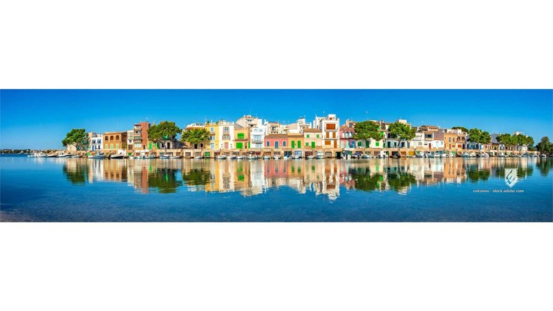 spain architecture sea reflection house panorama majorca boat travel town fishing village colorful building water coast