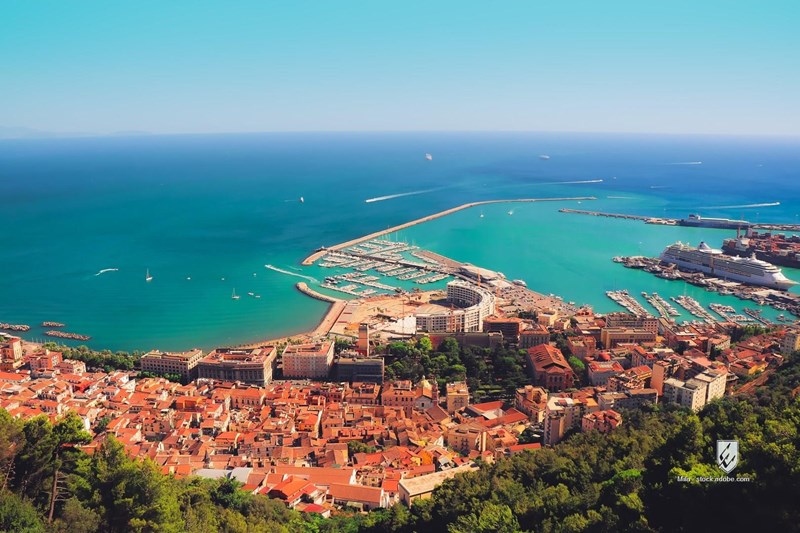 beautiful summer city view colorful eyecatching seascape sunny day medieval castle arechi highest top salerno italy buil