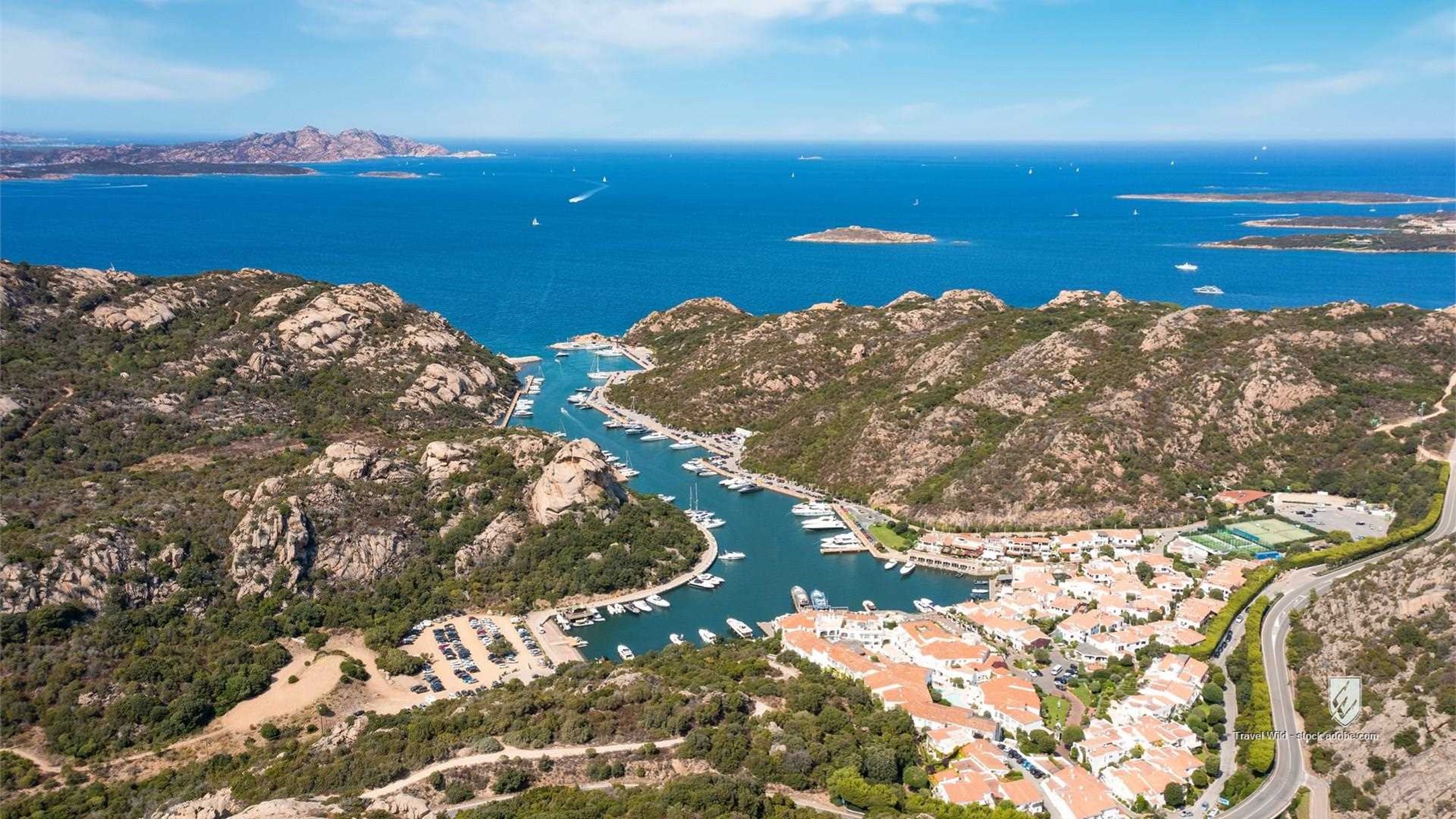 poltu quatu sardinia italy costa smeralda porto cervo village city aerial aerial view above port harbour waterfront