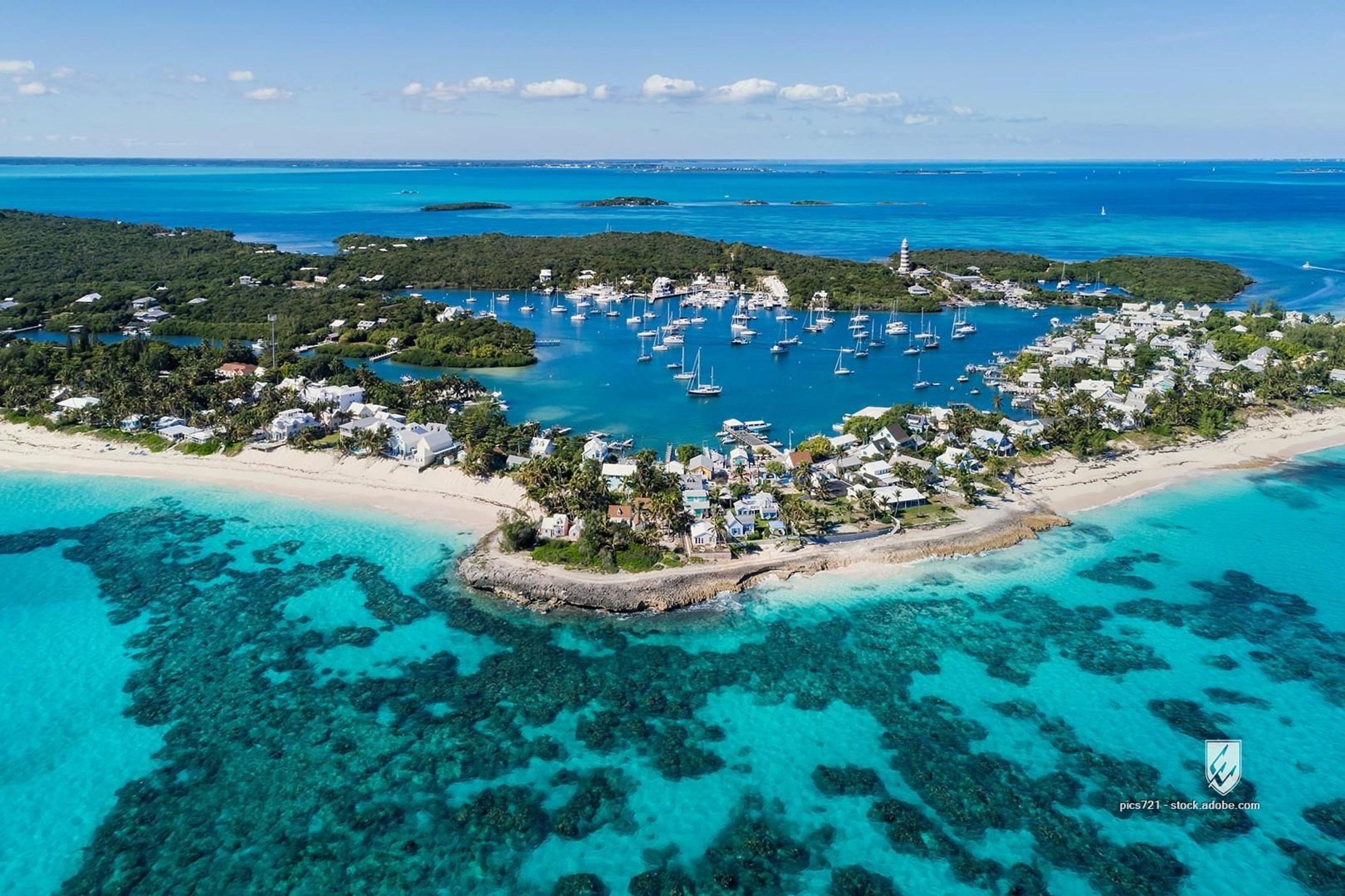 abaco aerial aerial view architecture bahamas beach blue boat buildings caribbean cay destination elbow harbor harbour