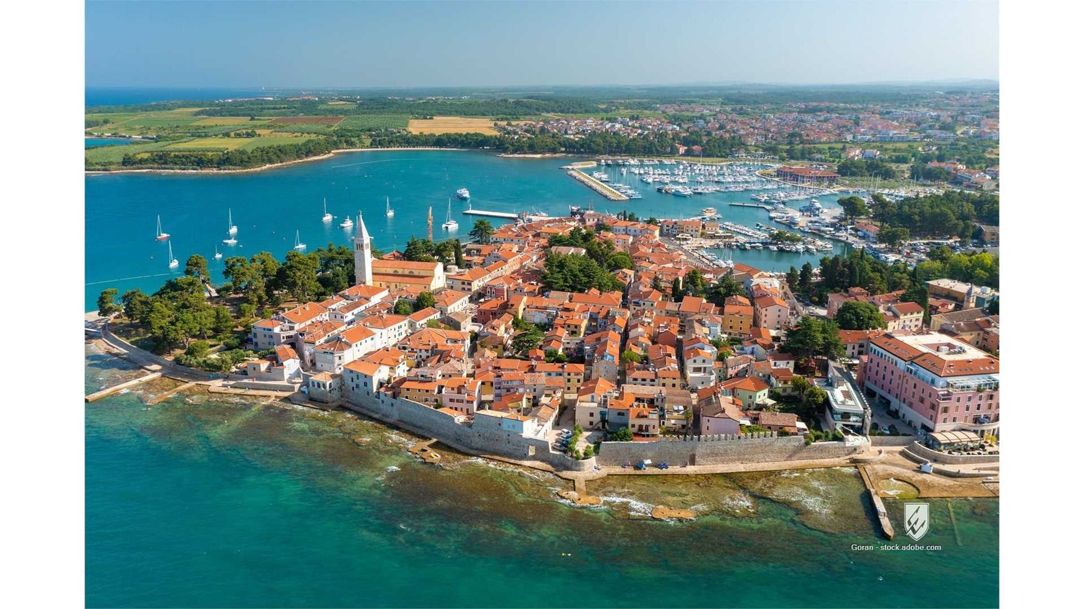 adriatic sea architecture cittanova coast old town novigrad croatia aerial wall medieval tower ancient building center