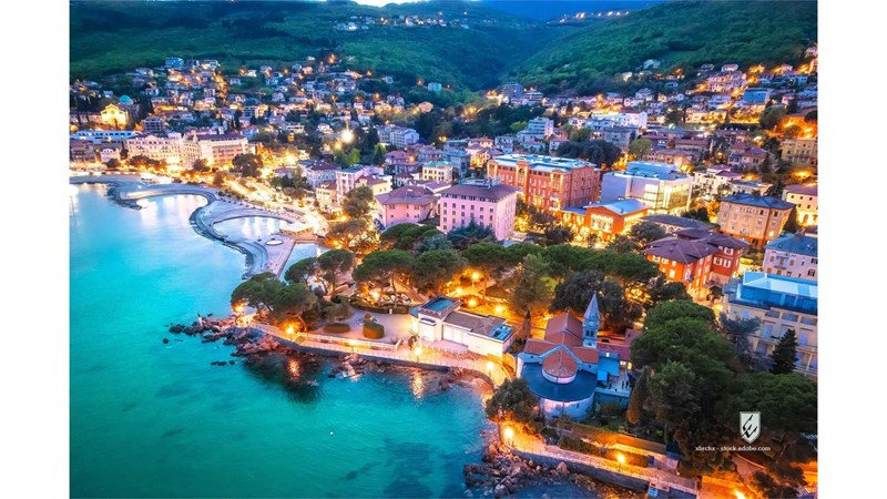 kvarner opatija summer roman arena slatina aerial bay waterfront croatia town city mediterranean destination sea water