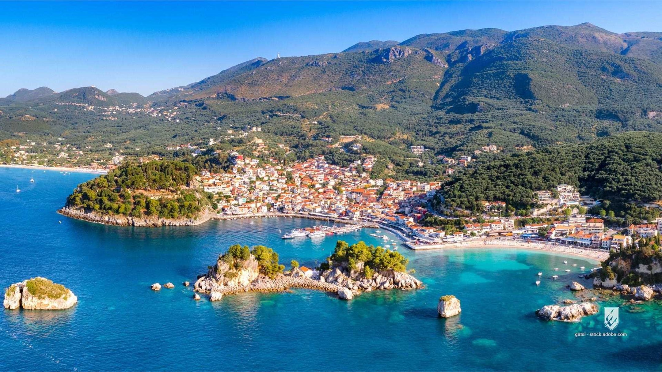 parga greece village scenic destination islets medieval islands coast drone beach dusk panorama riviera aerial evening