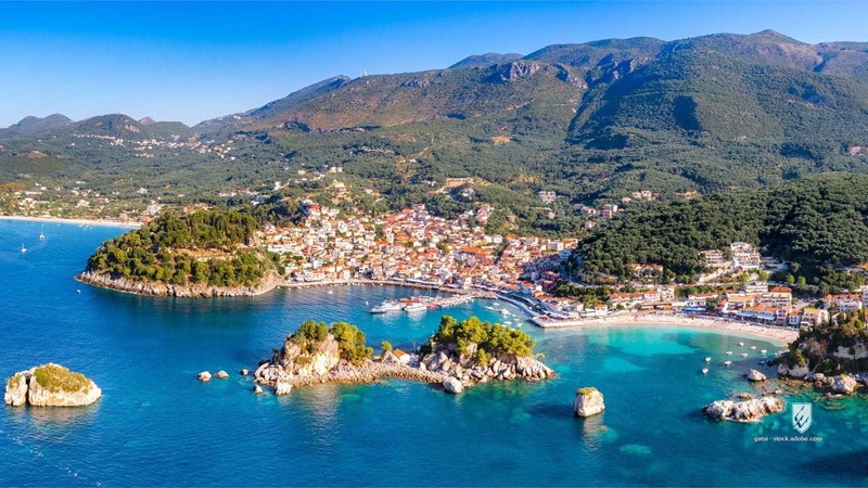 parga greece village scenic destination islets medieval islands coast drone beach dusk panorama riviera aerial evening