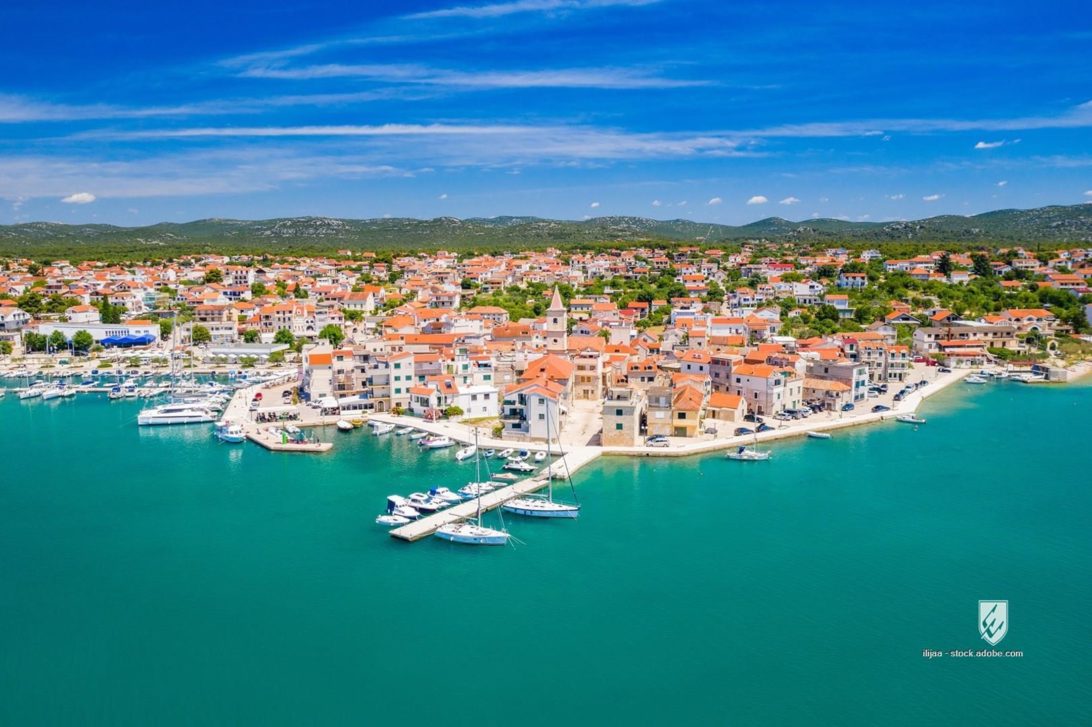 harbor european urban cityscape panorama tourism travel panoramic drone aerial adriatic ancient architecture blue boats
