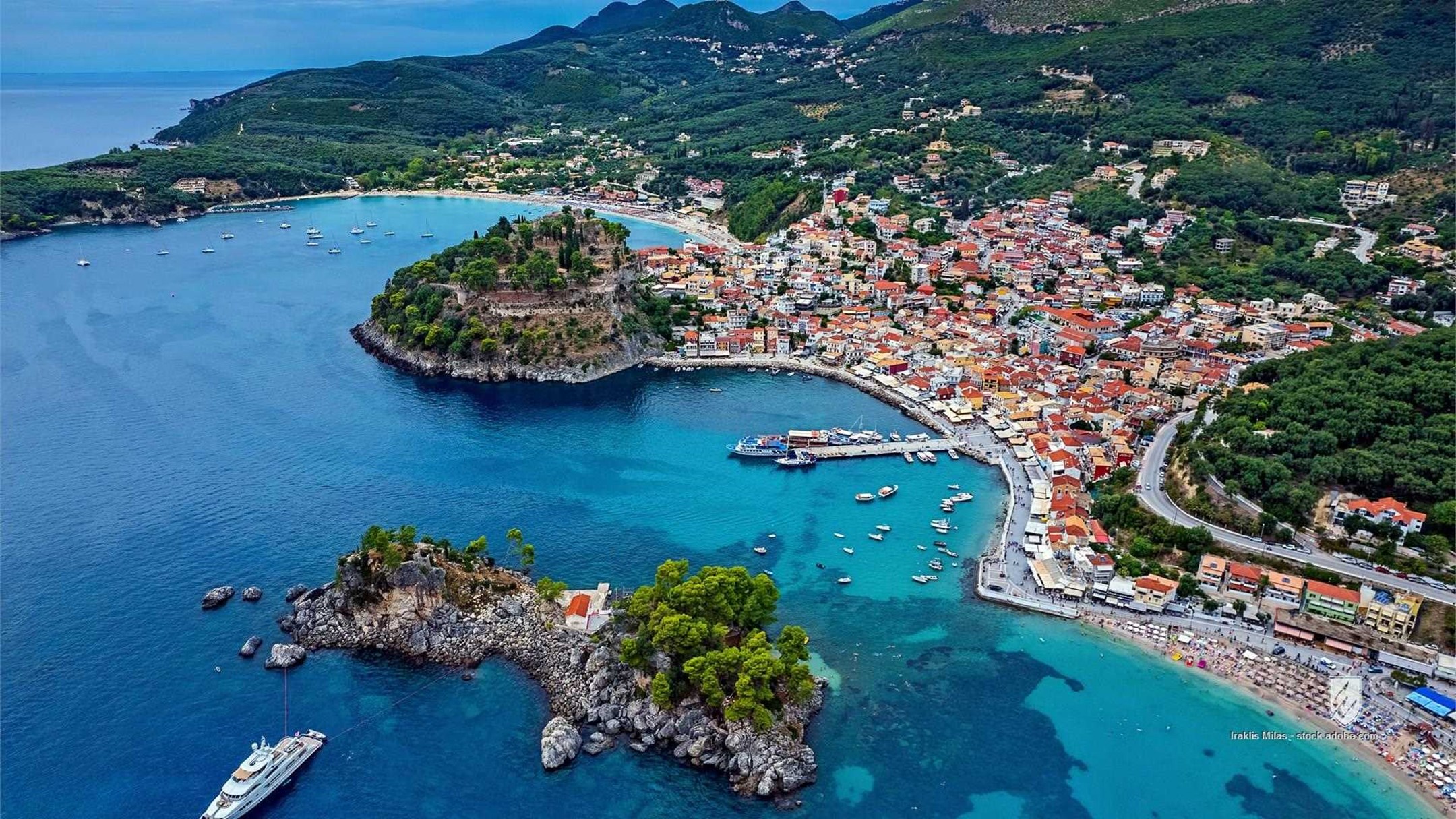 parga epirus greece preveza drone ionian town sea aerial view greek towns old picturesque epiros ipiros seaside summer