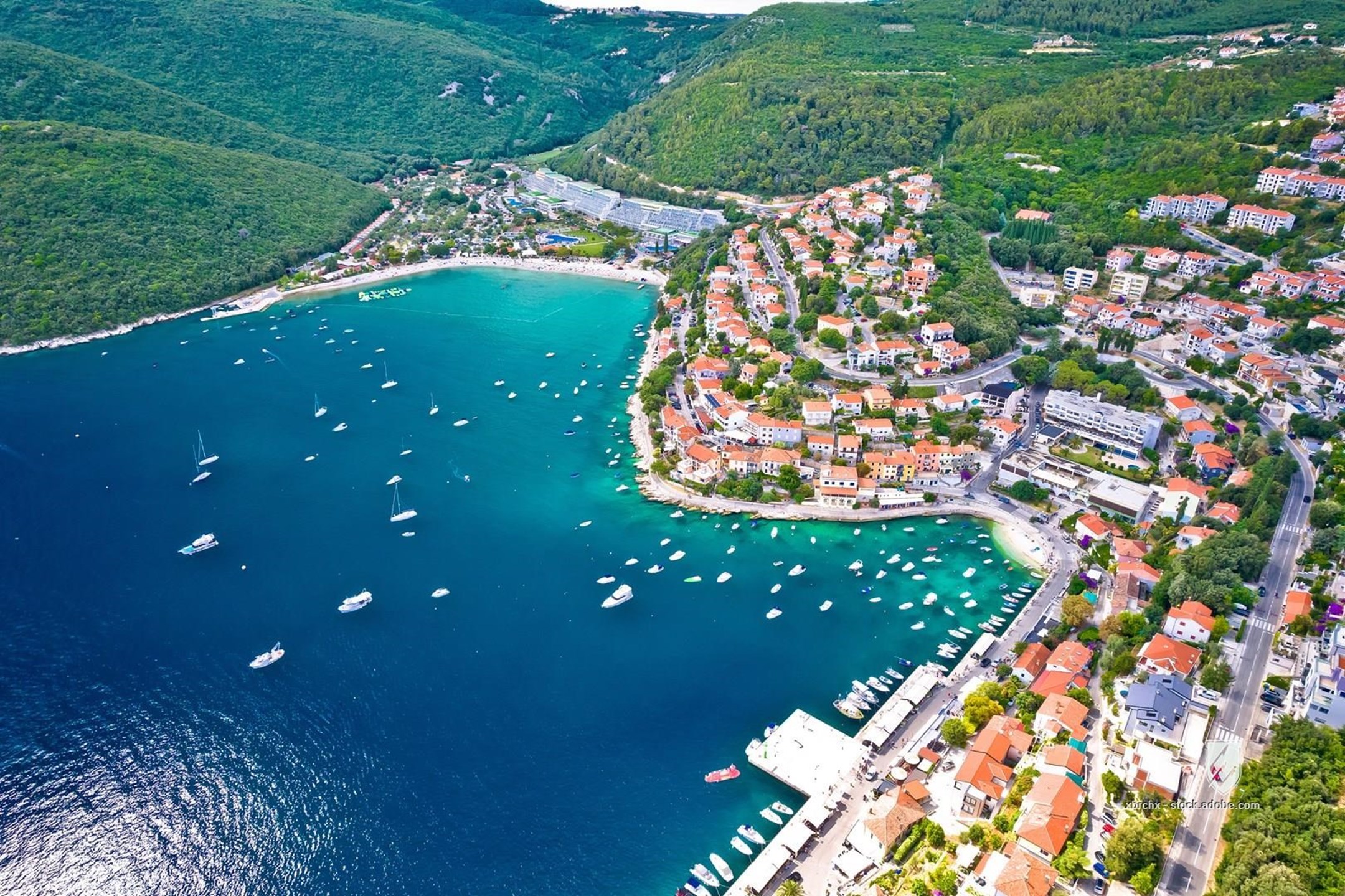 rabac labin town mediterranean tourist adriatic landscape istarski coast aerial panoramic coastline view istra istria