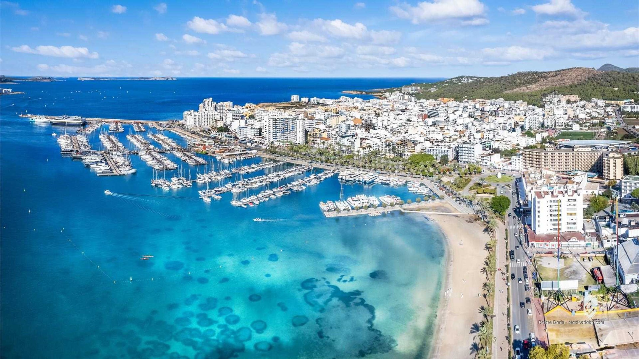aerial antoni antonio azure balearic beach blue boat cala city coast coastal coastline destination drone emerald europa